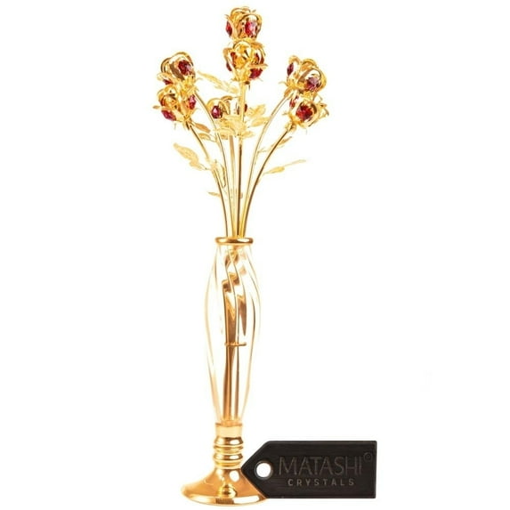 Matashi Rose Bouquet Flowers in an Vase Ornament Dipped in 24K Gold Studded with Red Crystals Gift for Girlfriend Boyfriend Husband Wife Valentine's Day Decoration Home Bedroom Decor