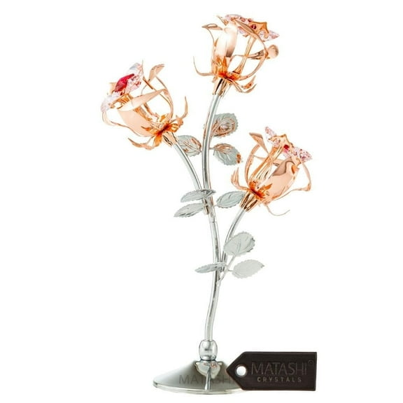 Matashi Rose Gold & Chrome Metal Flower Figurine with Red & Pink Crystals Valentines Day Gift for Her, Elegant Tabletop Dcor for Wife or Women