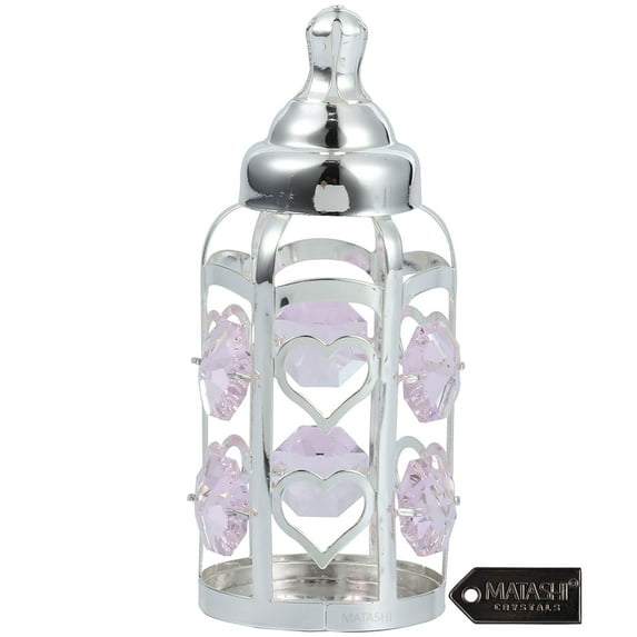 Matahi Silver Plated Crystal Studded Baby Bottle Ornament with Light Pink Crystals - Great Gift for Baby Shower, New Born Baby Gift