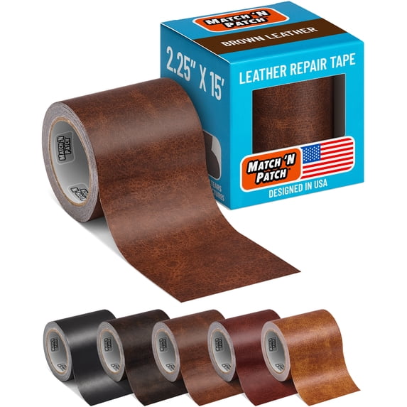 MATCH 'N PATCH Leather Repair Tape - Brown (2.25 inch x 15 feet) - Realistic Faux Leather Patches for Couch, Sofa, Upholstery, Car Seats & Other Furniture, Vinyl Repair Kit, Self Adhesive Patch