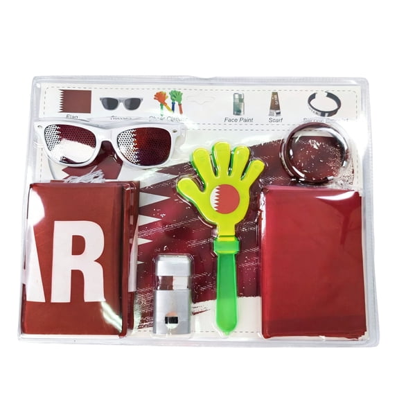 Match Day Accessories Qatar Theme Plastic Fan Gear Set with Handheld Flag, Novelty Glasses, Stadium Hand Clapper Noisemaker, Face Paint, Wristband, Scarf, Soccer Watch Party Decor