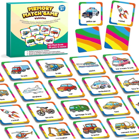 Match Game, Memory Game, Vehicle Card Games, Flash Cards for Learning Activities, Educational Toys