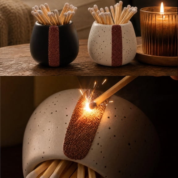Match Holder,Decorative Matches,Ceramic Match Holders with Striker - Set of 2 - Candle Accessories - Candle Lover Gifts - Housewarming Gift - Matches NOT included(Black White 2.5IN)