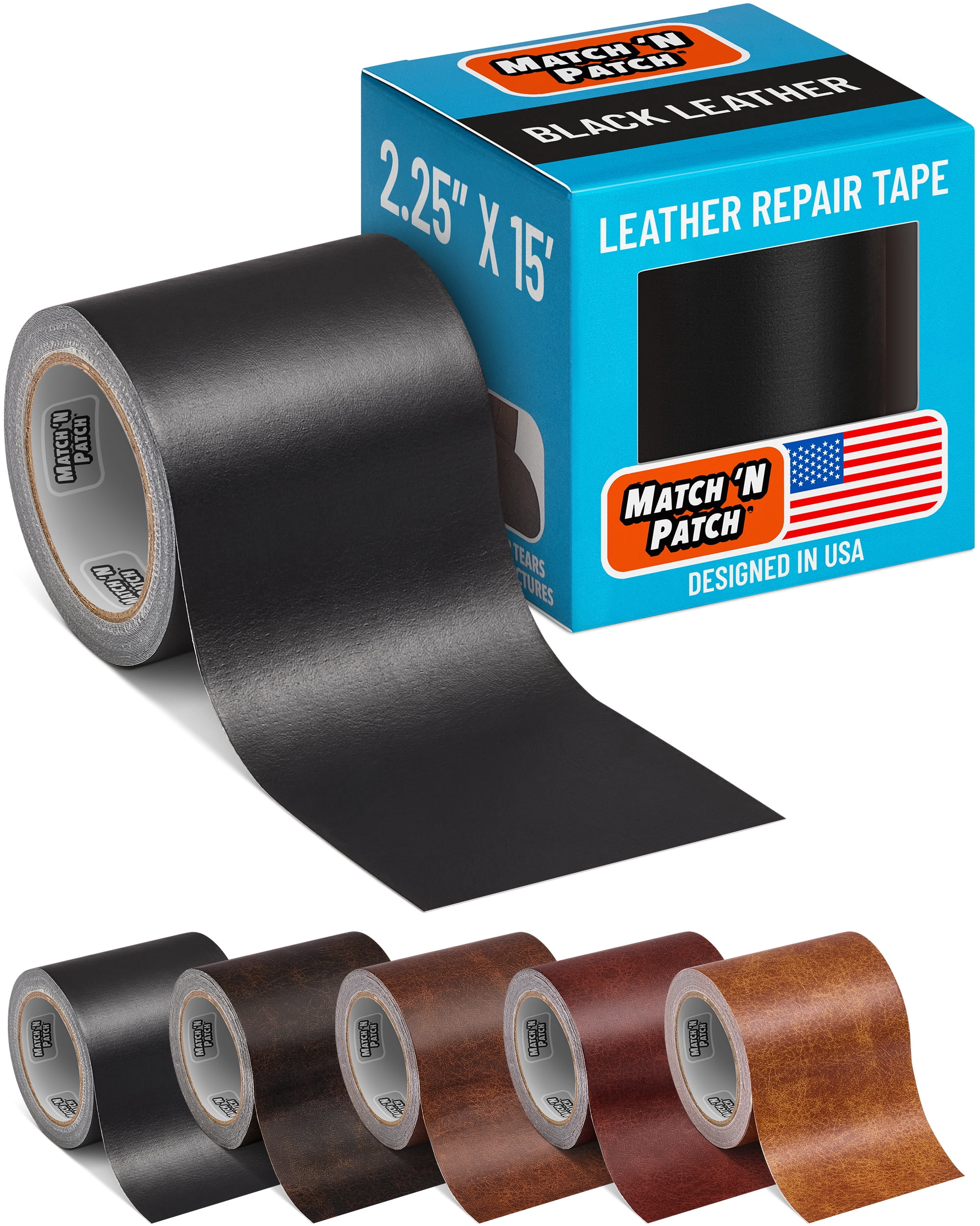 MATCH 'N PATCH Leather Repair Tape - Black (2.25 inch x 15 feet) - Realistic Faux Leather Patches for Couch, Sofa, Upholstery, Car Seats & Other Furniture, Vinyl Repair Kit, Self Adhesive Patch