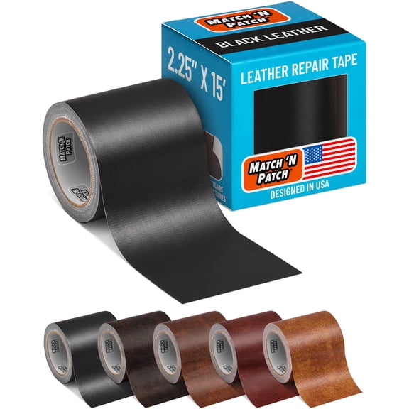 MATCH 'N PATCH Leather Repair Tape - Black (2.25 inch x 15 feet) - Realistic Faux Leather Patches for Couch, Sofa, Upholstery, Car Seats & Other Furniture, Vinyl Repair Kit, Self Adhesive Patch