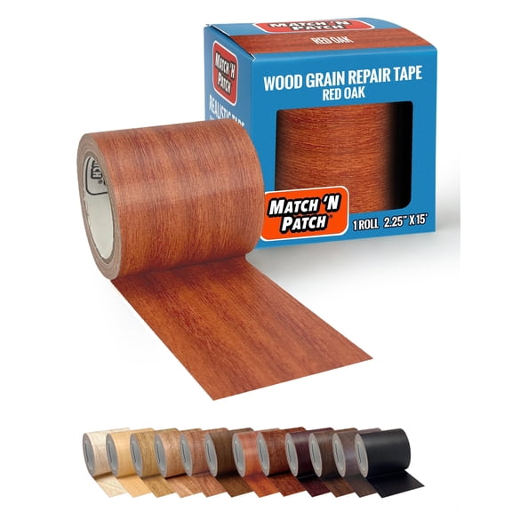 MATCH 'N PATCH Wood Grain Repair Tape -Red Oak, 2.25 in x 15 ft (1-Pack) Wood Grain Colored Duct Tape for Mirror Frame, Trim, Borders, Floor and Other Furniture, Scratch Repair Kit