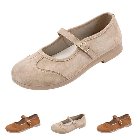 All Match Vintage Daily Mary Jane Flat Shoe Simple Single Strap Metal Buckle Suede Fabric Cushioned Flexible Gum Sole Light Office Walking Ballet Flats For Women