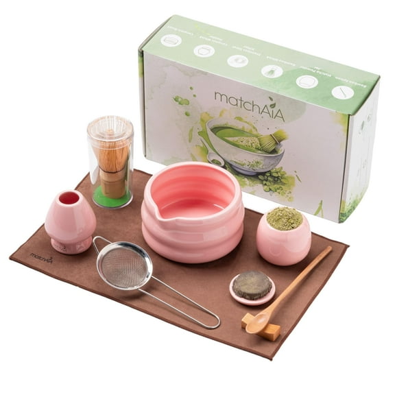 MatchAiA 8 Pcs Matcha Set - Ceramic Bowl, Bamboo Whisk with Holder, Canister, Sifter, Schima Spoon, Spoon Rest and Tea Towel, Complete Kit for Traditional Matcha and Modern Lattes (Pink)