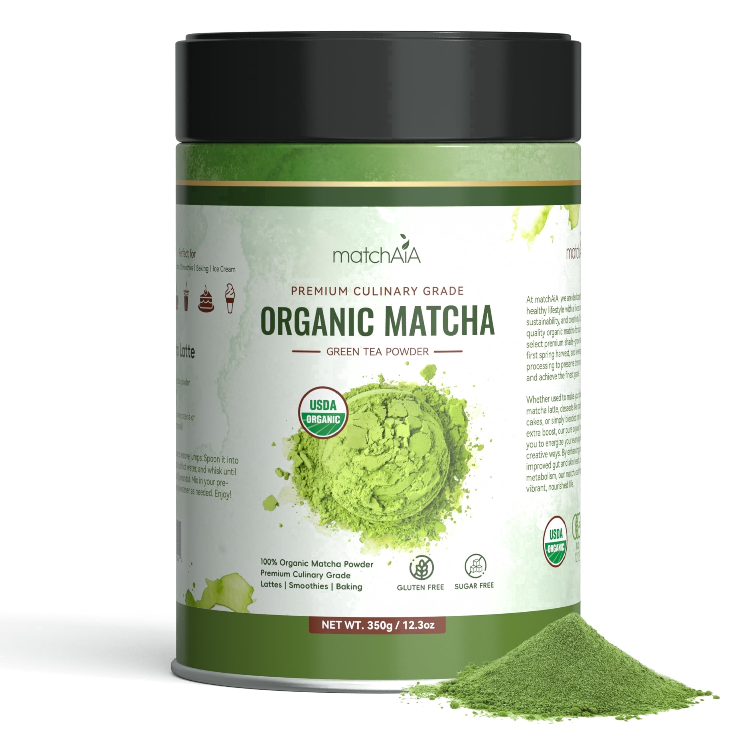 MatchAiA Organic Matcha Powder, Premium Culinary Grade, 350g/12.3oz, USDA Certified, 100% Pure, Perfect for Lattes, Smoothies, Desserts and Baking, Sugar Free, Gluten Free