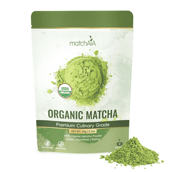 MatchAiA USDA-Certified Organic Matcha, 100% Pure Green Tea Powder, Premium Culinary Grade for Lattes, Smoothies, Desserts and Baking, Sugar Free, Gluten Free (60g / 2.1oz Pouch)