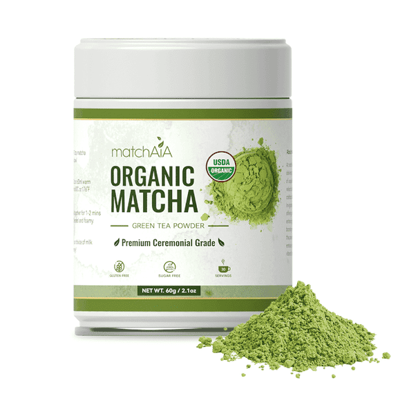 MatchAiA USDA-Certified Organic Matcha, Ceremonial Grade, 100% Pure Green Tea Powder, Premium First Spring Harvest, Sugar Free, Gluten Free (60g / 2.1oz Tin Can)
