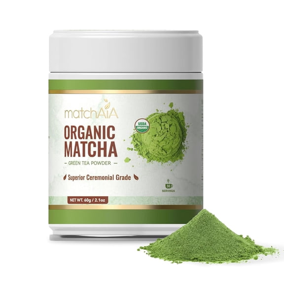 MatchAiA USDA-Certified Organic Matcha, Ceremonial Grade, 100% Pure Green Tea Powder, Superior First Spring Harvest, Sugar Free, Gluten Free (60g / 2.1oz Tin Can)
