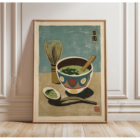 Matcha Bowl Japanese Tea Ceremony Illustration Minimal Kitchen Art, Unframed Poster