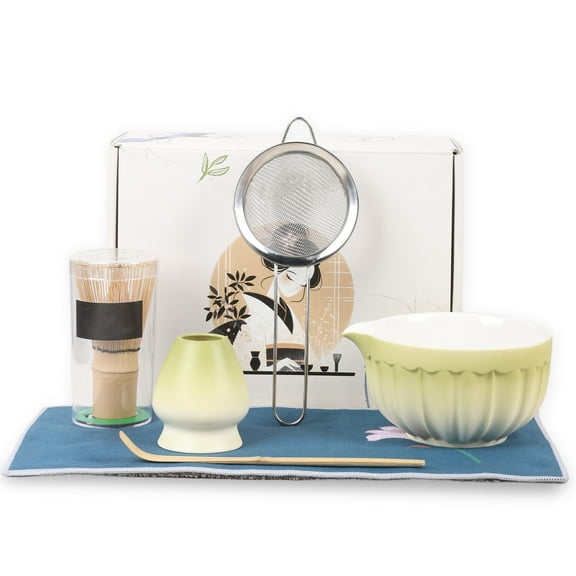 Matcha Bowl and Chasen Set Premium Ceramic Chawan 480 ml with Spout Chashaku Strainer for DIY Matcha Lover Starter 6 Pcs/Set