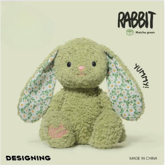 Matcha Green Bunny Plush Toy, Cute Long Floppy Ear Rabbit Stuffed Animal with Floral Inner Ears for Kids & Nursery Decor Children's soothing doll birthday present