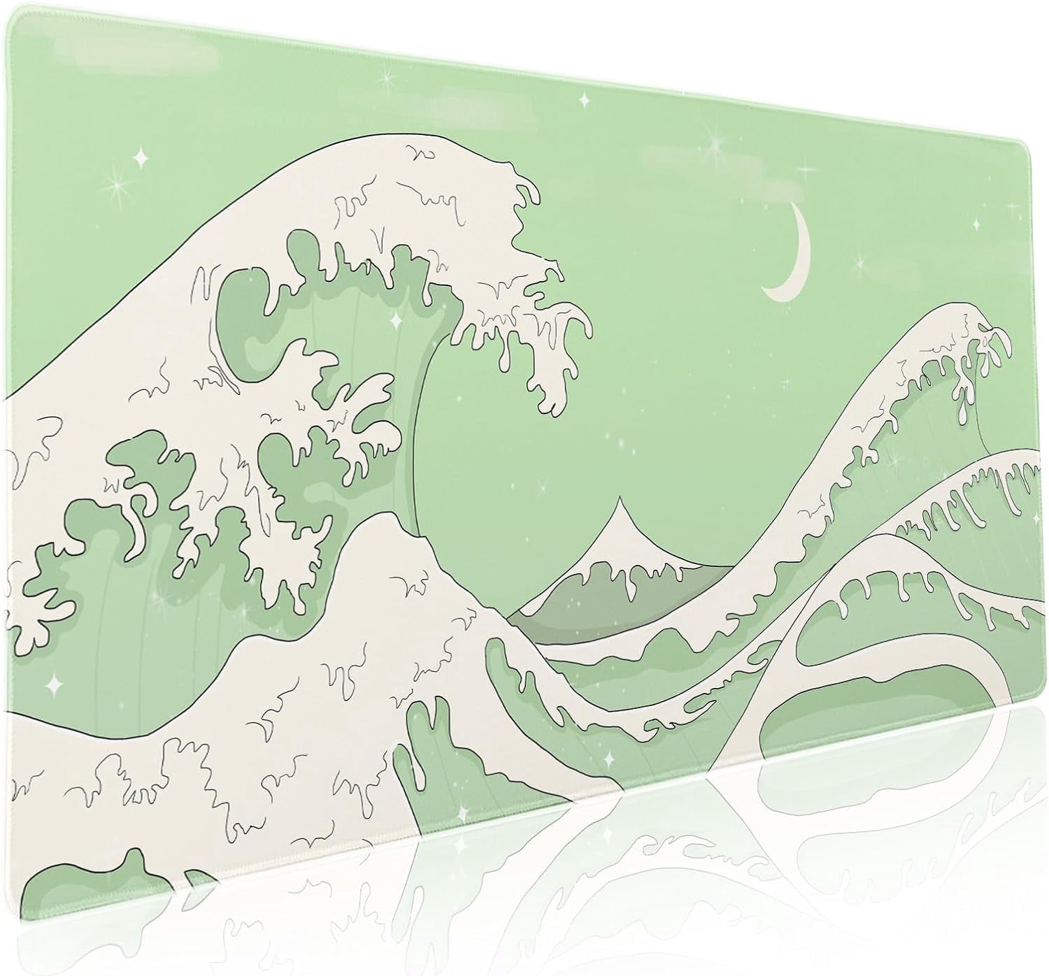 Matcha Green White Japanese Anime Gaming Mouse Pad XXL Cute Kawaii Sage Aesthetic Sea Wave Extended Large Desk Mat Non-Slip Rubber Base Stitched Edge Keyboard Mousepad for PC Laptop,35.4×15.7 in