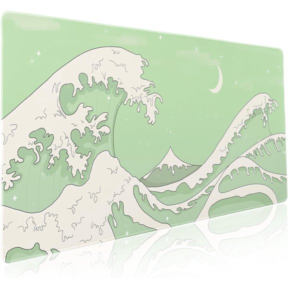 Matcha Green White Japanese Anime Gaming Mouse Pad XXL Cute Kawaii Sage Aesthetic Sea Wave Extended Large Desk Mat Non-Slip Rubber Base Stitched Edge Keyboard Mousepad for PC Laptop,35.4×15.7 in