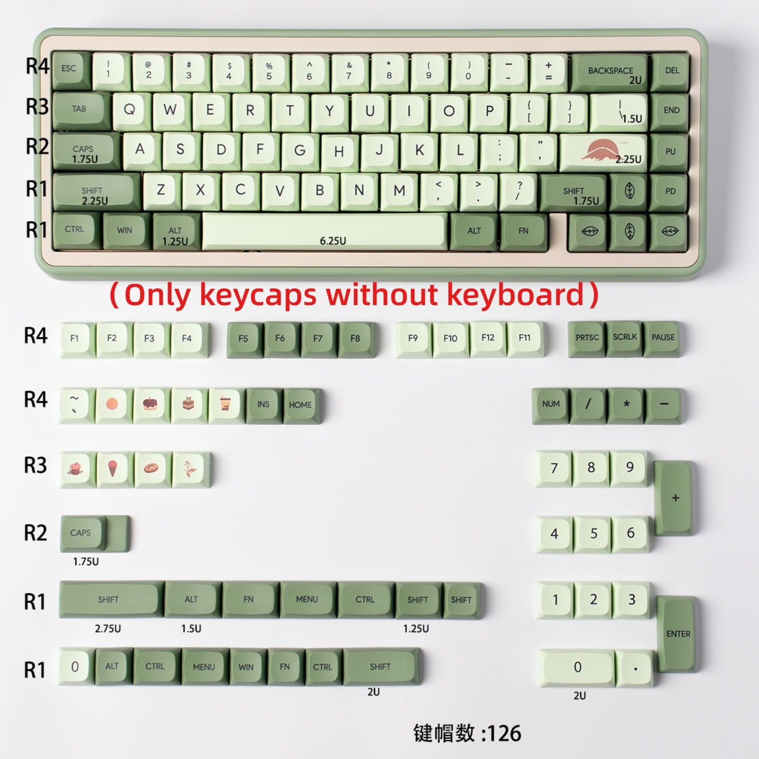 Matcha Green XDA Keycaps, 126-Key PBT Dye-Sublimated with English/Japanese Legends