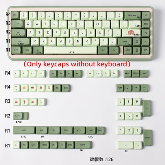 Matcha Green XDA Keycaps, 126-Key PBT Dye-Sublimated with English/Japanese Legends