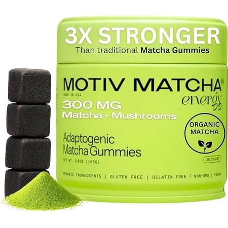 Motiv- Organic Matcha & Mushrooms Gummies, 300 MG Concentrate Matcha Green Tea Natural Energy, Mushroom Blend | Improve Brain Function, Immune Support, Gut Health, Reduce Stress - Vegan, Non-GMO