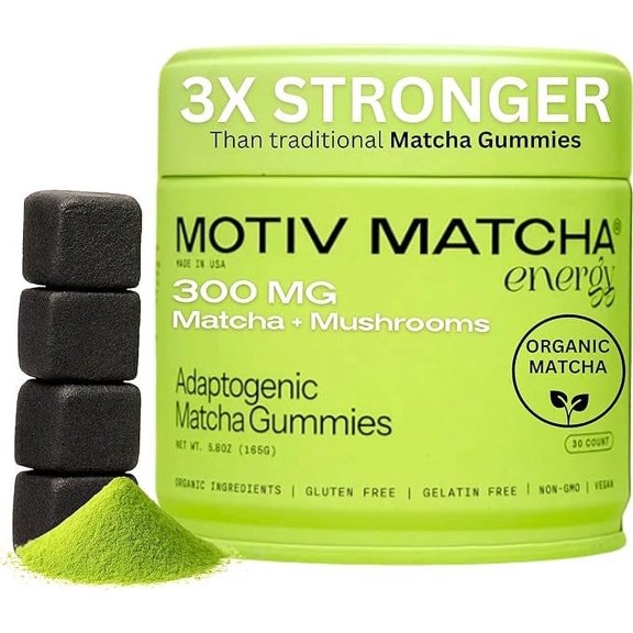 Motiv- Organic Matcha & Mushrooms Gummies, 300 MG Concentrate Matcha Green Tea Natural Energy, Mushroom Blend | Improve Brain Function, Immune Support, Gut Health, Reduce Stress - Vegan, Non-GMO