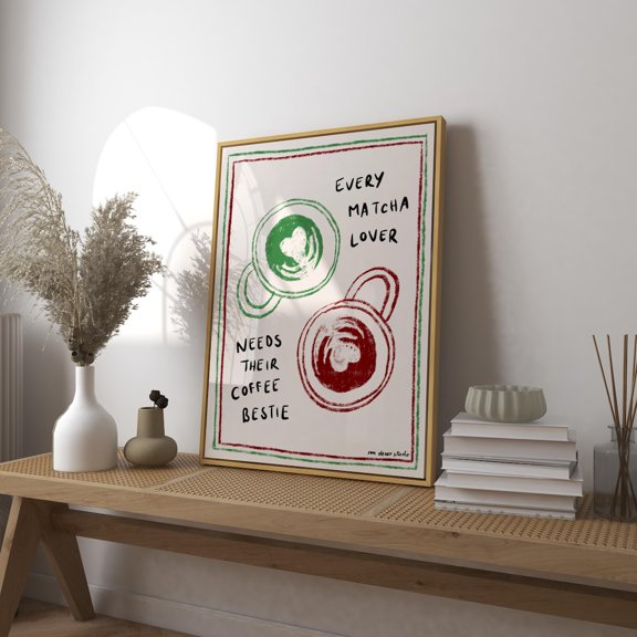 Matcha Lover Coffee Bestie Art Print, Green Tea Bar Cart Decor, Retro Kitchen Wall Art, Unframed Paper Print Size 12x18