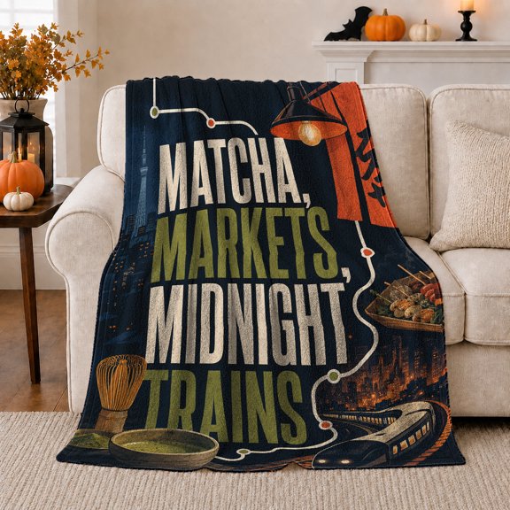 Matcha Markets Midnight Trains Japan Quote Art Dark, Cozy Typography Art Scene, Warm Flannel Blanket for Living Room and Reading Nook, Art Lovers Housewarming Gift, Artistic Home Decor
