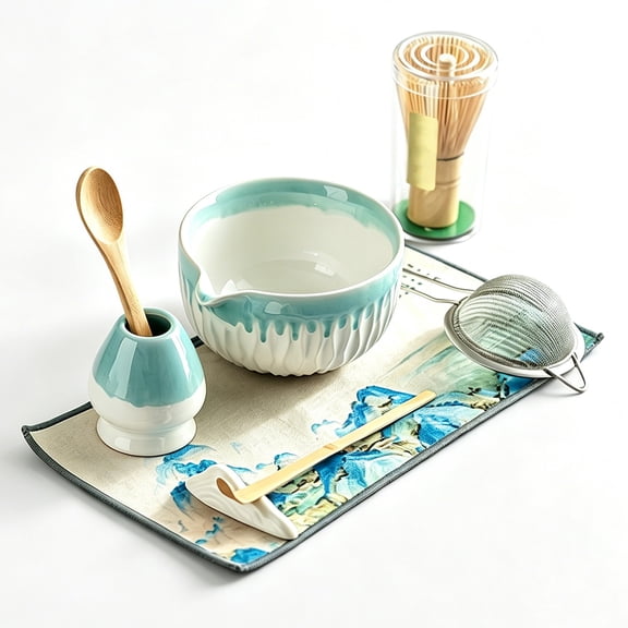 Matcha Set, 8 Pcs Matcha Whisk Set  Elegant Rounded Design Bowl with Folded Rim, with Bamboo Whisk, Scoop, Ceremonial Spoon & Gift Box