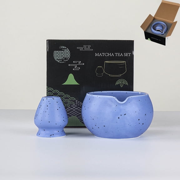 Matcha Set, Japanese Tea Set Includes Matcha Bowl with Spout, Matcha Whisk Holder (chasen), 17.6oz Handcrafted Coarse Pottery Ceramic Matcha Kit for Matcha Lovers(Blue-2-piece set)