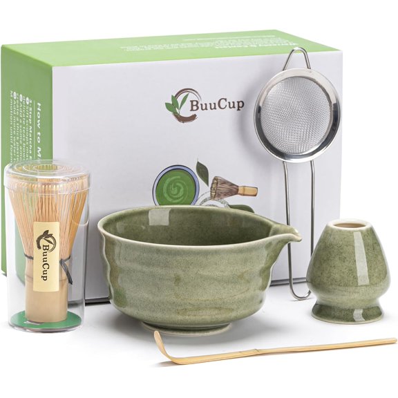 Matcha Set, Matcha Bowl with Spout, Matcha Whisk and Holder, Bamboo matcha Scoop and Stainless Sifter - 5 Pcs Jade Green Matcha Set Kit for Matcha Lover