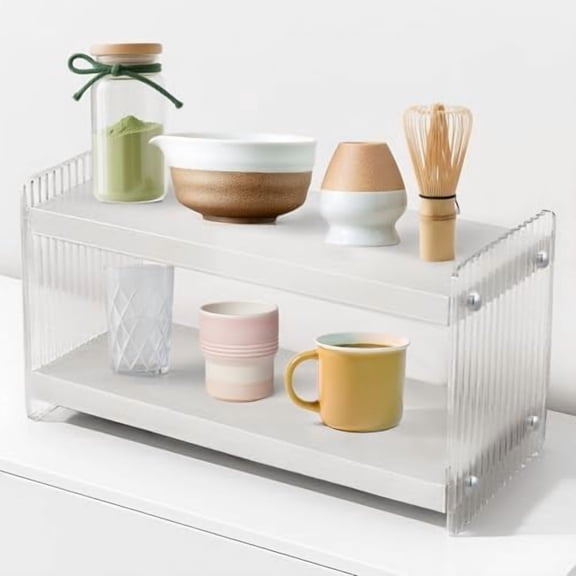 Matcha Set Station - 2 Tier Acrylic Wood Countertop Storage for Kitchen Countertops, Mugs, Tea Bags, Space Saving Coffee Bar Accessories Shelf, Matcha Whisk Holder