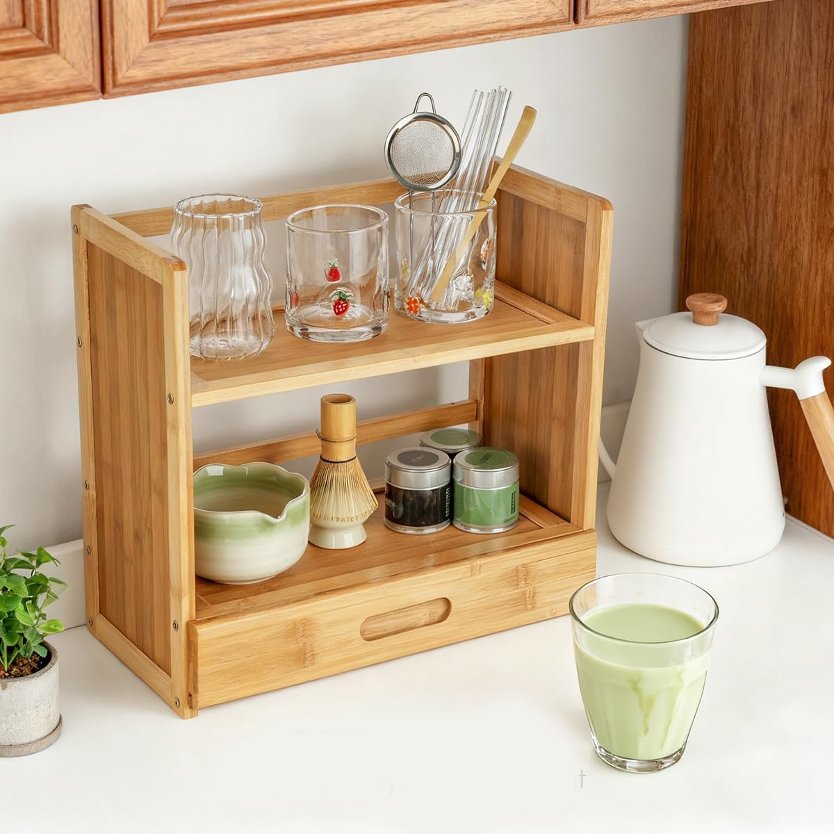Matcha Station Organizer, Bamboo Shelf with Drawer, Mug Holder for ...