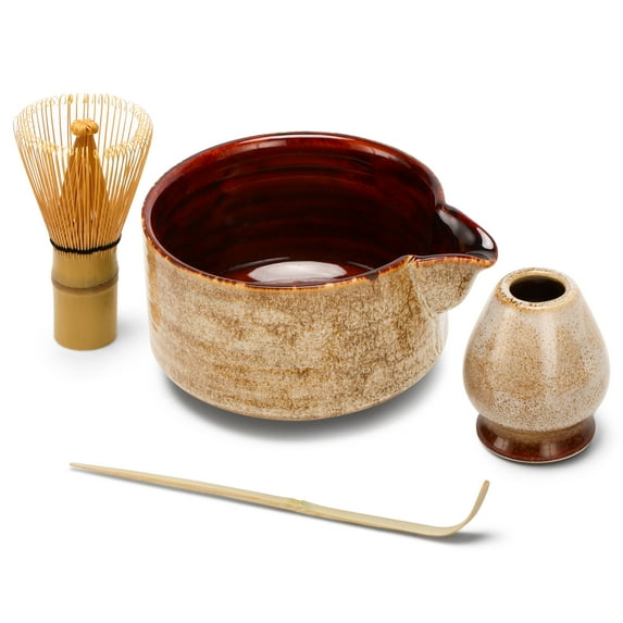 Matcha Tea Set 4 Pcs, JapaneseTraditional Ceramic Bowl, Bamboo Whisk (Chasen), Scoop (Chashaku), Holder (brown)