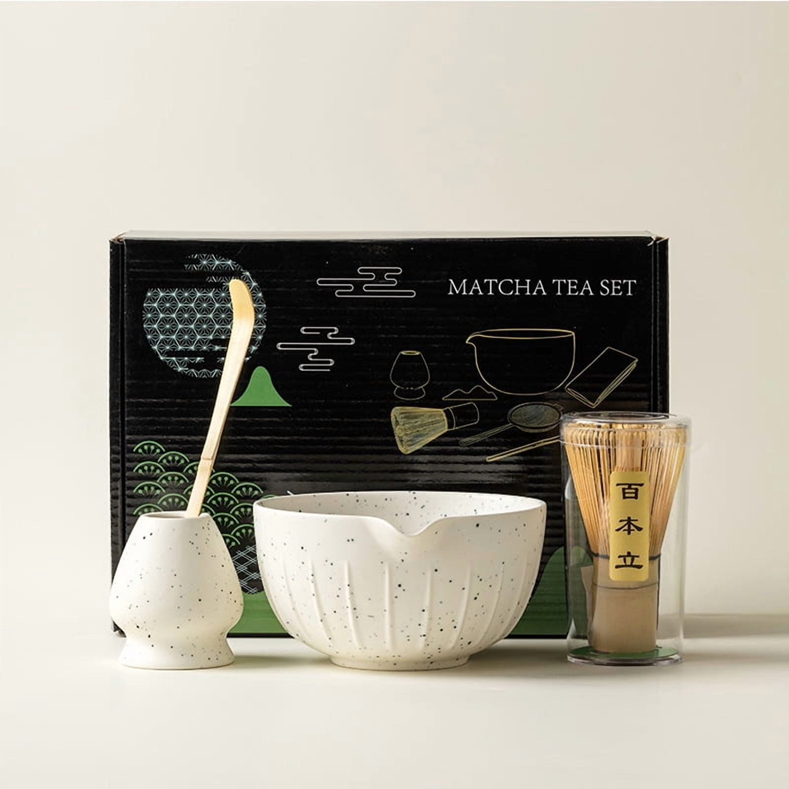 Matcha Tea Set 4-Piece Ceramic Speckled Design with Teapot & Whisk ...