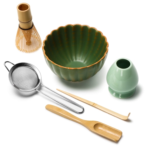 Matcha Tea Set 6 Pcs, Japanese Traditional Bowl, Bamboo Whisk (Chasen), Scoop (Chashaku), Stainless Steel Sifter, Holder (green)