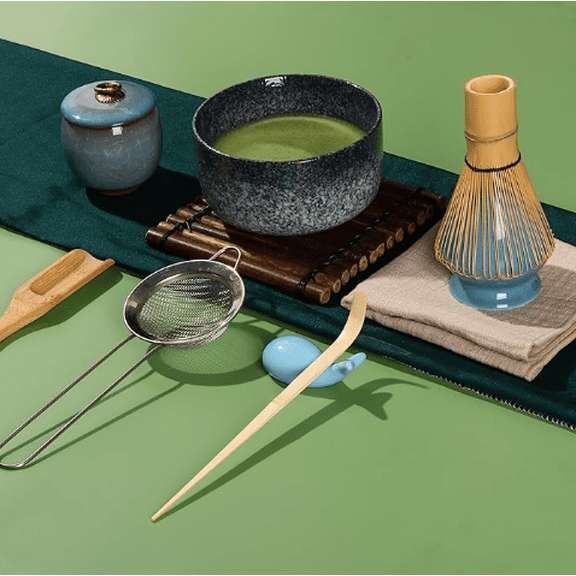 Matcha Tea Set 9 Pcs, Japanese Traditional Bowl, Bamboo Whisk (Chasen), Scoop (Chashaku), Spoon, Stainless Steel Sifter, Holder, Ceramic Powder Caddy