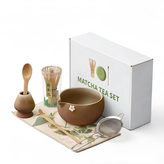 Matcha Tea Set with Ceramic Bowl, Bamboo Whisk & Scoop, Whisk Holder, Matcha Sifter, Scoop Rest, Sakura Cloth – Traditional Japanese Matcha Kit for Tea Ceremony & Matcha Lovers