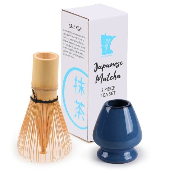 Matcha Tea Whisk Set - Bamboo Whisk and Deep Blue Whisk Holder Set