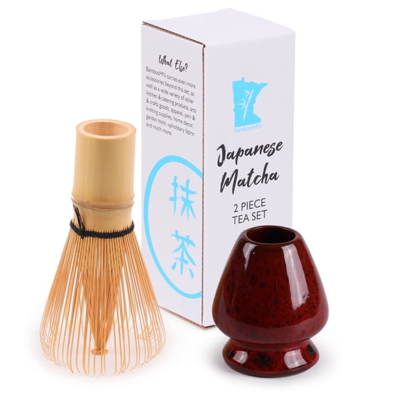 Matcha Tea Whisk Set - Bamboo Whisk and Deep Red with Black Whisk Holder Set