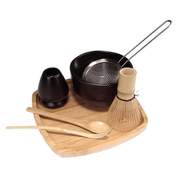 Matcha Tea Whisk Set - Golden Chasen, Chashaku, Bowl, Rest, Strainer & Tray - Traditional Japanese Matcha Kit for Frothy Tea - Authentic Ceremonial Starter Set
