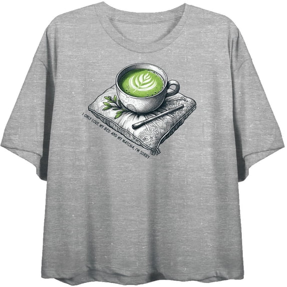 Matcha Teacup I Only Love My Bed and Matcha Heather Gray Women's Crew Neck Crop Top-Large