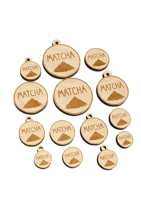 Matcha Text with Image Flavor Scent Green Tea Wood Mini Charms Shapes DIY Craft Jewelry - With Hole - 25mm (7pcs)