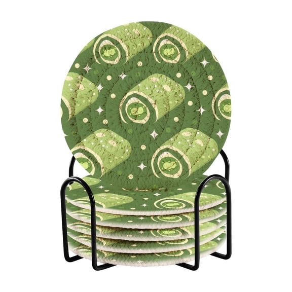 Matcha Towel Roll Pattern Bar Coasters 6 Pack Braided Coasters with Holder Absorbent Heat Resistant
