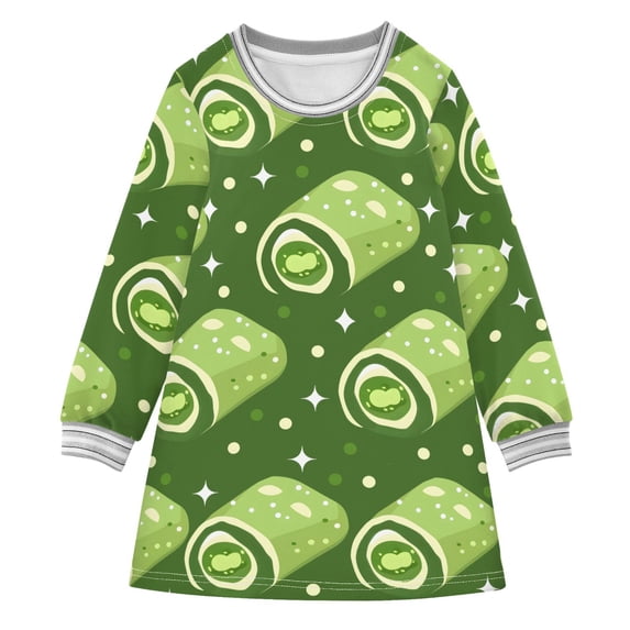 Matcha Towel Roll Pattern Girls'long-sleeved dress Thickened A-dress Warm Dress Basic Shirt Party Dresses