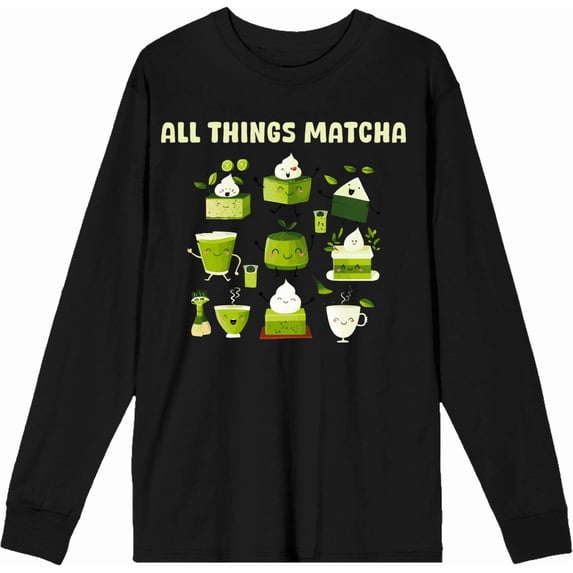 Matcha Treats All Things Matcha Adult Black Crew Neck Long Sleeve Tee-Medium
