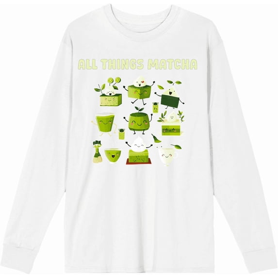 Matcha Treats All Things Matcha Adult White Crew Neck Long Sleeve Tee-Large