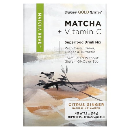 Matcha + Vitamin C Powder by California Gold Nutrition - Superfood Drink Mix with Green Tea, Camu Camu, Ginger, Turmeric, & Vitamin C - Gluten Free, Non-GMO - 10 Packets - Citrus Ginger Flavor