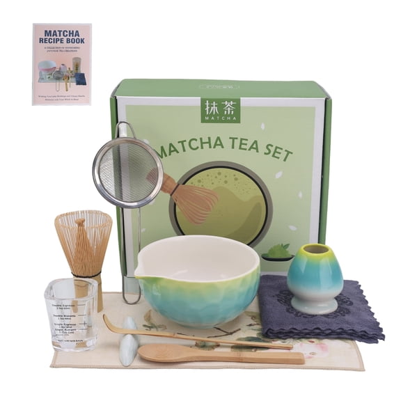 Matcha Whisk Set – 10 Pcs Matcha Set Whisk and Bowl – Ceremonial Matcha Kit, Matcha Starter Kit & Accessories – Glazed Aqua Ombre Japanese Matcha Set Gift for Tea Ceremony and Matcha Lovers