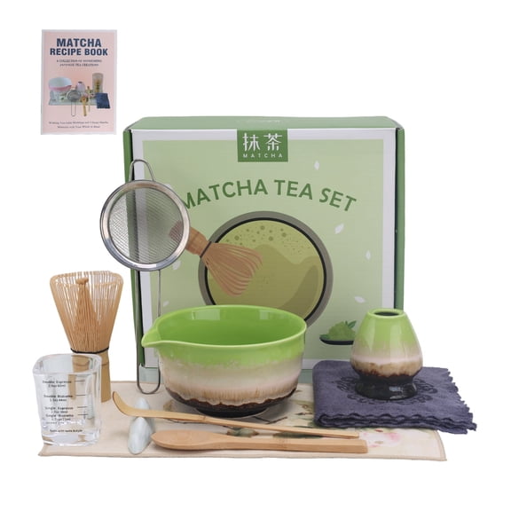 Matcha Whisk Set – 10 Pcs Matcha Set Whisk and Bowl – Ceremonial Matcha Kit, Matcha Starter Kit & Accessories – Japanese Matcha Set Gift for Tea Ceremony and Matcha Lovers (Tri-Color Glazed)