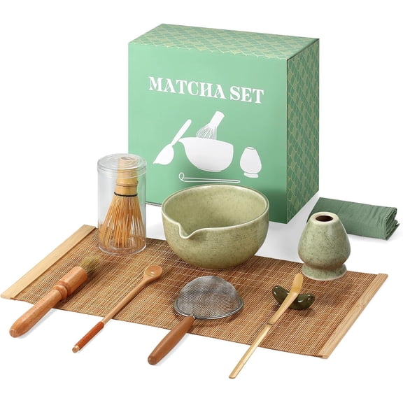 Matcha Whisk Set 10pcs  Traditional Japanese Matcha Kit with Bamboo Whisk, Ceramic Matcha Bowl with Pouring Spout, atcha Kit for Ceremony, Making Tools for Tea Ceremony (Matcha Green)
